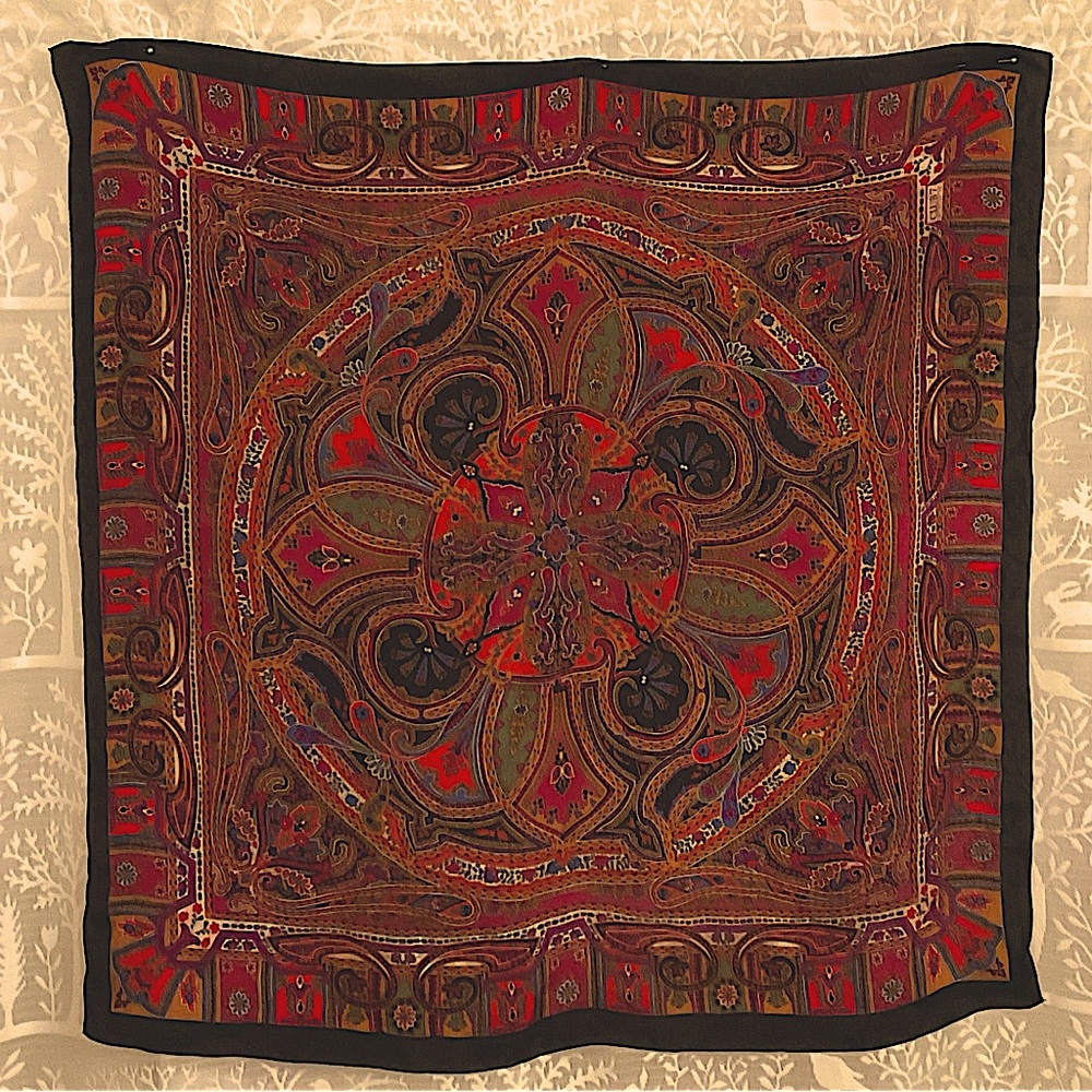 ECHO … Club 7 … 34” SQUARE SILK SCARF. VIVID PRIMAR COLORS. AS NEW CONDITION.